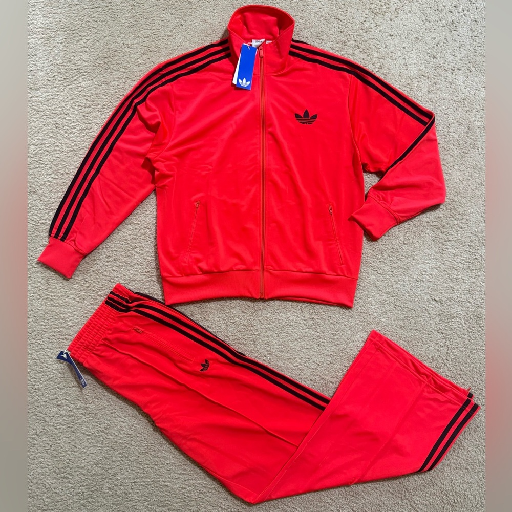 adidas Women's Red Track Jacket and Pants Set with Black Stripes
